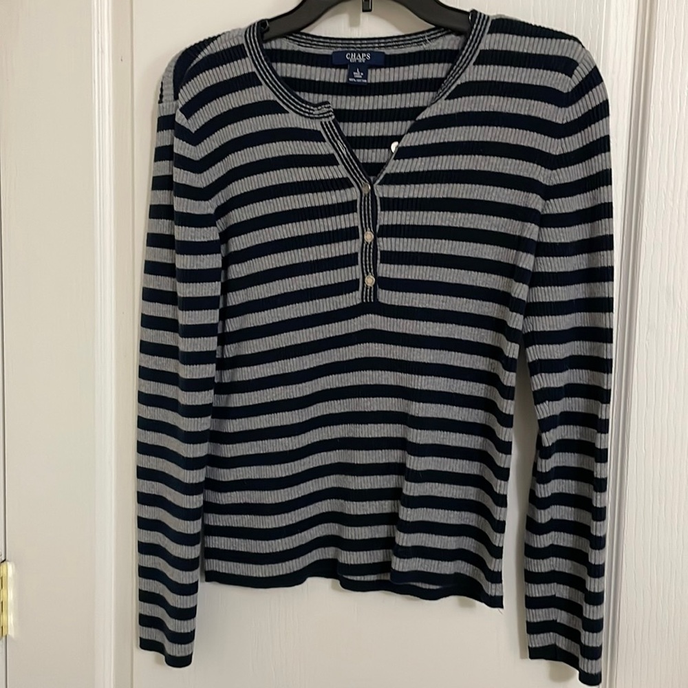 Chaps Woman’s Large Ribbed Fitted Striped Gray Black Long Sleeve Top